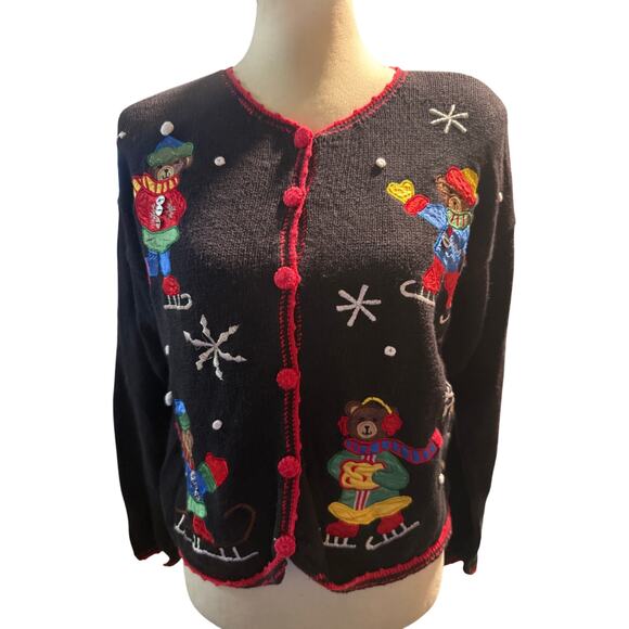 Nutcracker Vintage Christmas Bear Cardigan, Ice Skating Ugly Christmas Sweater - Picture 1 of 7